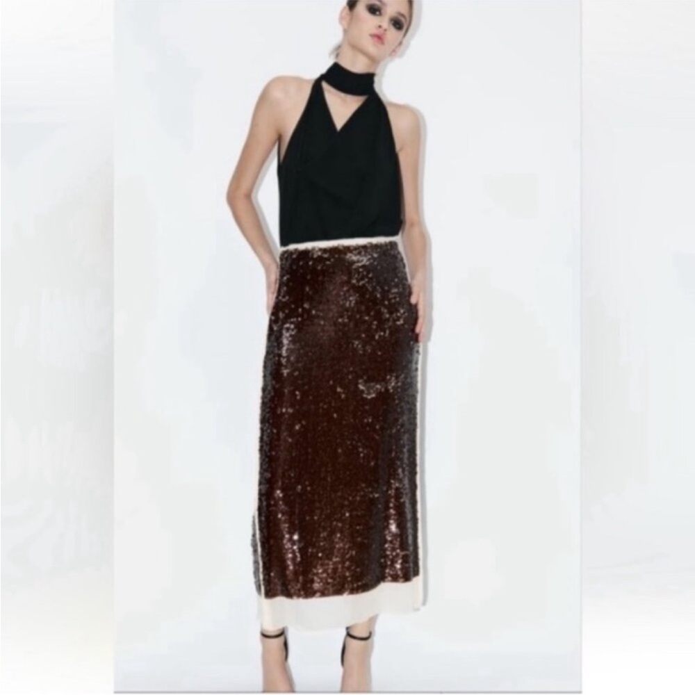 Rare Zara Sequin Chiffon Midi Skirt Brown Limited Edition Blogger Favorite Large